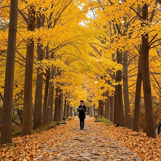 Photograph of a person walking down a leaf-covered path lined with tall trees, their vibrant yellow leaves creating a golden canopy.