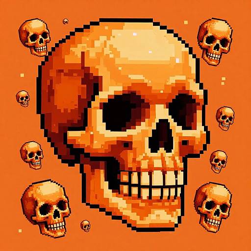 Pixel art of large orange skull with black eye sockets and teeth, surrounded by smaller orange skulls on bright orange background.