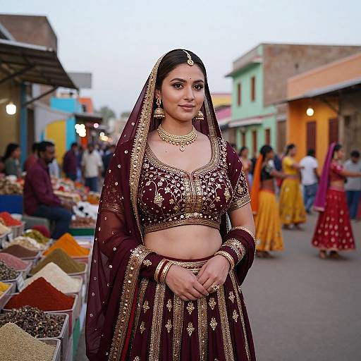 Photograph of a South Asian woman in a maroon and gold traditional lehenga, standing in a bustling market street, surrounded by colorful buildings and vendors