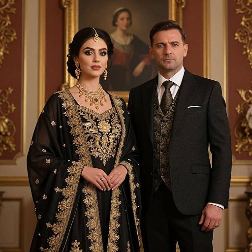 Photograph of a South Asian woman in an ornate black and gold traditional dress and a white-haired man in a black suit standing in an opulent