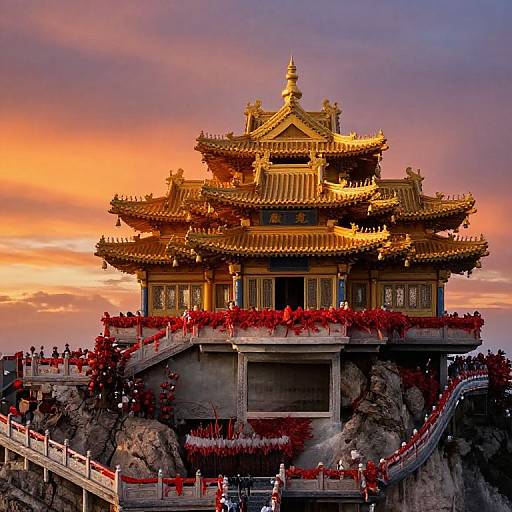 Photograph of a golden, multi-tiered Chinese temple on rocky cliffs at sunset, adorned with red decorations, with a staircase of worshipers ascending.