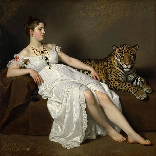 Classical painting of a fair-skinned woman in a white dress, adorned with jewelry, sitting on a brown chair with a leopard beside her, against