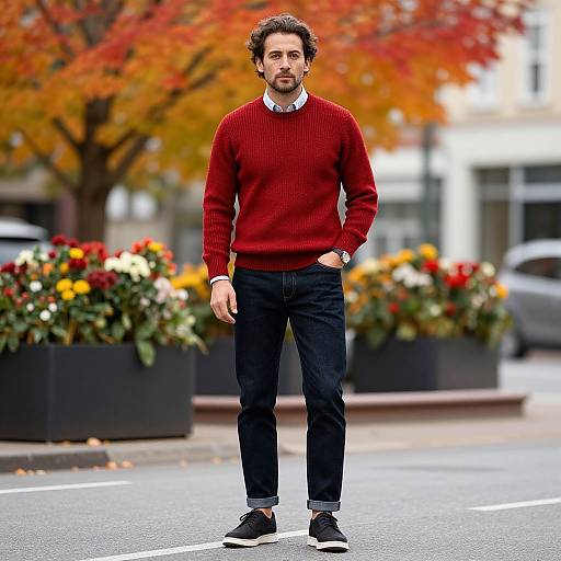 Photograph of a bearded man in a red sweater, black pants, and black sneakers, standing on a street with autumn foliage and flower planters