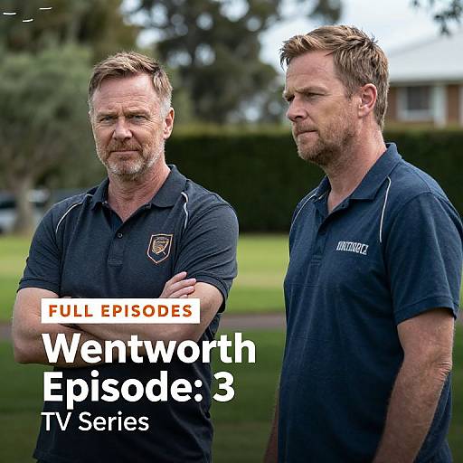 Photograph of two middle-aged white men with short, graying hair in black polo shirts, standing outdoors with text overlay: 