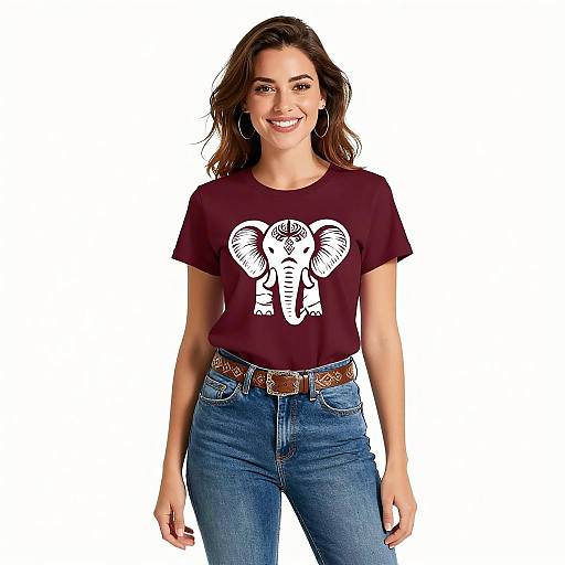 Smiling Woman in Casual Tribal Tee