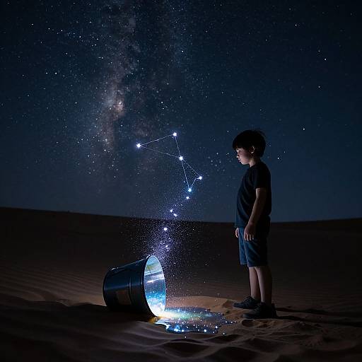 Photograph of a boy in black shirt and shorts standing beside a glowing, star-projecting device in a dark desert night sky.