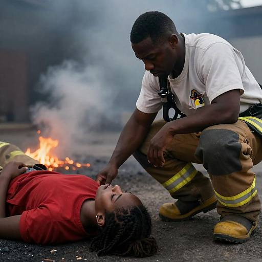 Black Firefighter Aids Woman in Smoke