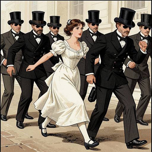 Illustration: Victorian-era woman in white dress, surrounded by six men in black suits and top hats, walking in a formal procession.