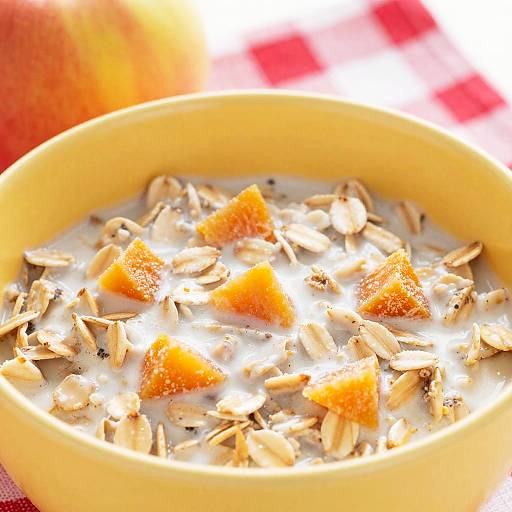 Photograph of a yellow bowl filled with creamy oatmeal topped with orange croutons and oat flakes, against a bright, blurry red and white background