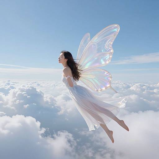 Digital artwork of a fair-skinned, dark-haired woman with translucent, iridescent wings, floating in a bright, cloud-filled sky. She wears