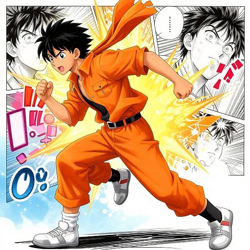 Digital anime-style drawing of a black-haired boy in an orange martial arts outfit, mid-kick, with yellow energy burst and speech bubbles.