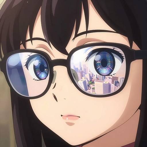 Anime-style digital drawing of a girl with black hair, large blue eyes, and black glasses, reflecting a cityscape inside the lenses.