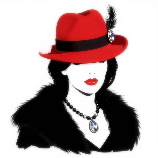 Digital illustration of a white-faced woman with black hair, wearing a vibrant red hat with a black band, black feather, and gem, and a black