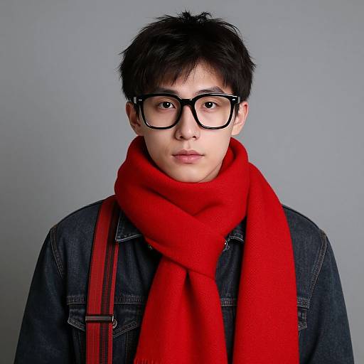 Photograph of an Asian man with black glasses, black hair, wearing a red scarf, dark denim jacket, and red suspenders, against a gray