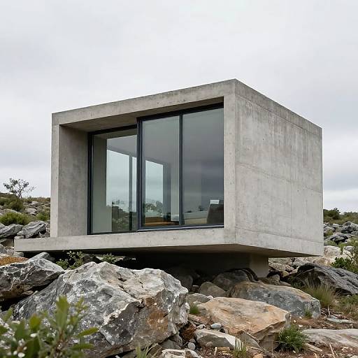 Modern concrete cube house with large glass windows, elevated on rocky terrain, surrounded by sparse vegetation and a cloudy sky. Photographic image.