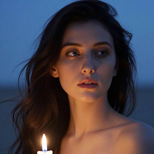 Photograph of a young woman with long dark hair, illuminated by a candle flame, against a deep blue twilight background. Her expression is intense, with