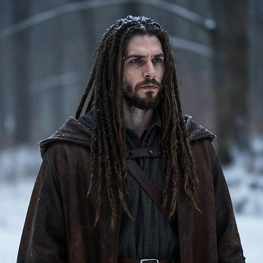 Mysterious Man in Snowy Forest Scene