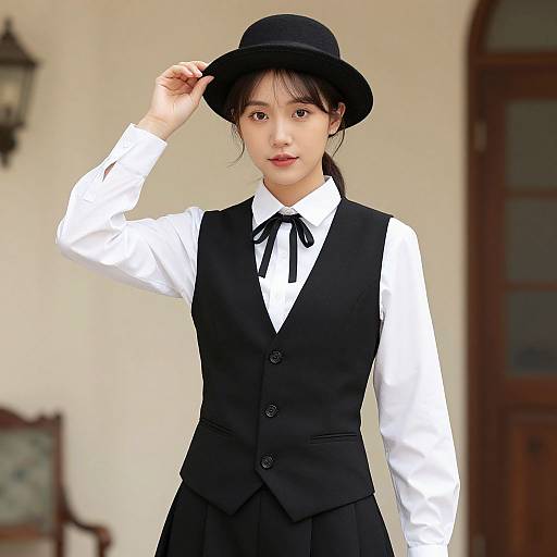 Photograph of an Asian woman with fair skin, black vest, white shirt, black skirt, and bow tie, wearing a black hat, standing outdoors