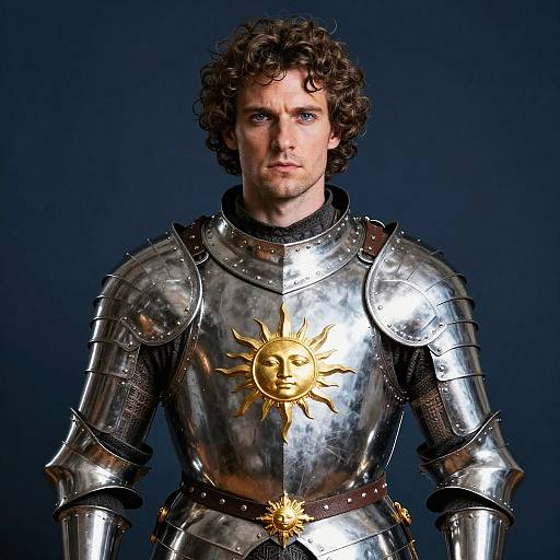 Photograph of a curly-haired, blue-eyed man in silver medieval armor with a sun emblem on his chest, against a dark blue background.