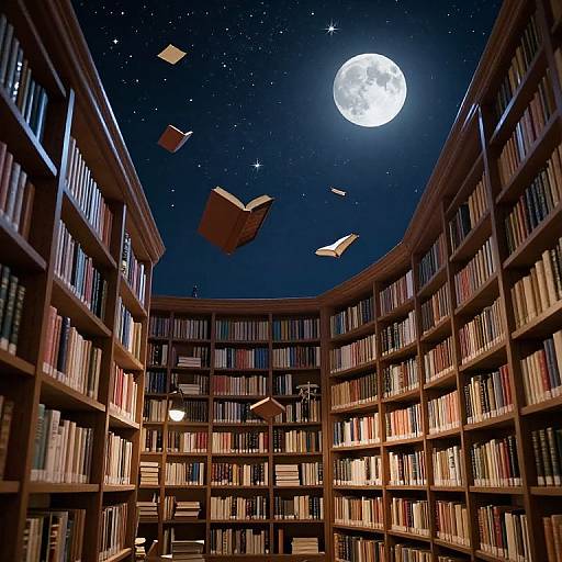Photograph of a moonlit library with floating books under a starry sky, surrounded by tall, wooden bookshelves filled with colorful books.