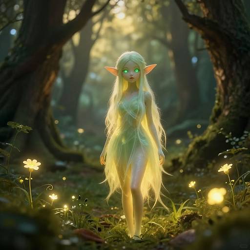 Digital artwork of a glowing, ethereal elf with long, blonde hair, green eyes, and pointed ears, standing in a magical forest illuminated by fairy