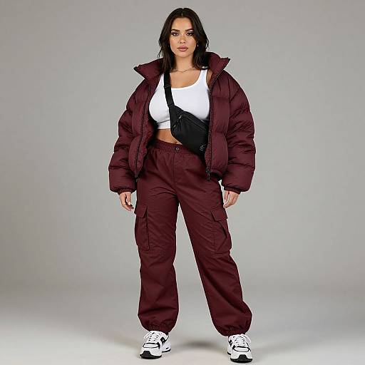 Photograph of a confident woman with dark hair, wearing a maroon puffer jacket, white crop top, maroon cargo pants, and white sneakers
