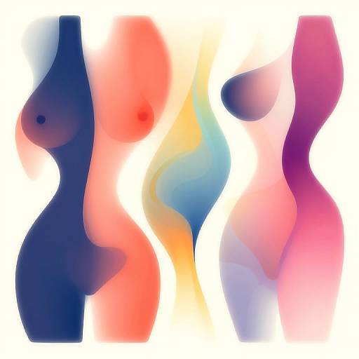 Abstract digital artwork of three colorful, semi-transparent, stylized female figures with varying breast sizes and curvy hips, blending red, blue, yellow,