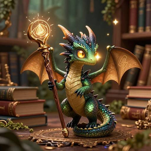 A vibrant, digital illustration of a cute, green, dragon with orange eyes holding a glowing staff in a magical library.