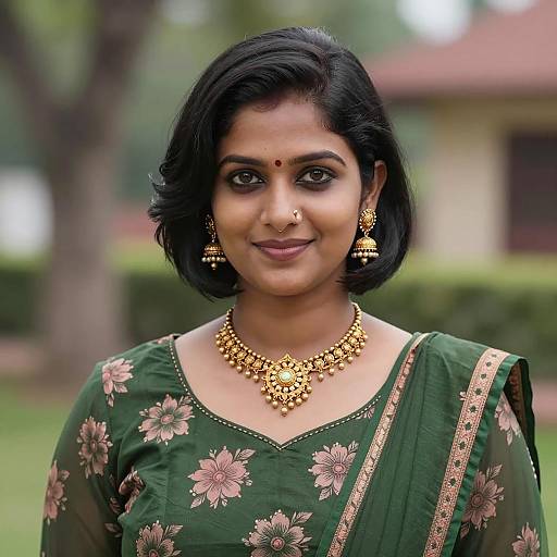Indian Woman in Green Traditional Dress with Gold Jewelry