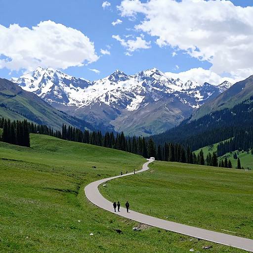 Photograph of a winding road through a green grassy meadow, leading to snow-capped mountains under a bright blue sky with scattered clouds, with