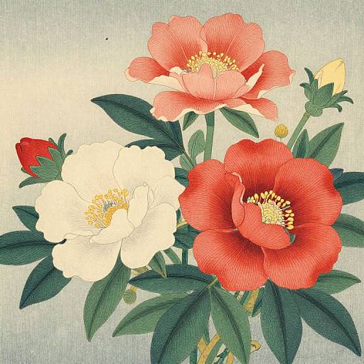 Digital illustration of vibrant red and white peonies with yellow centers, surrounded by dark green leaves, on a textured light blue background.