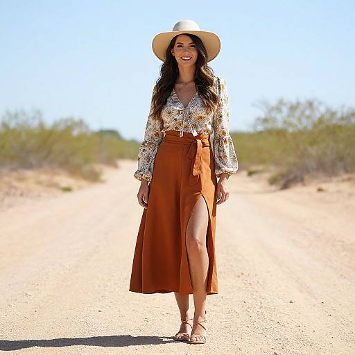 Photograph of a smiling woman with long dark hair, wearing a floral blouse, brown high-waisted skirt with a thigh slit, wide-brim