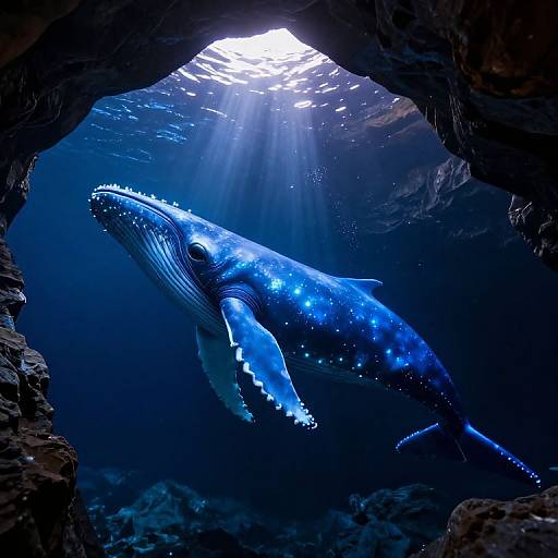 Bioluminescent Blue Whale in Underwater Cave