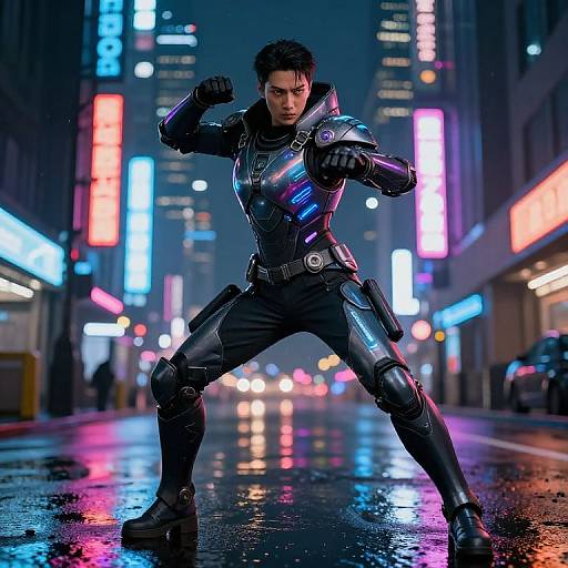 Photorealistic CGI of a muscular man in futuristic black armor with neon accents, posing in a neon-lit, rainy urban street at night, ready