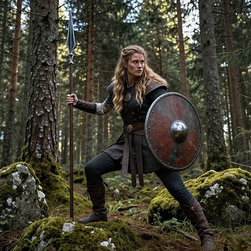 Photograph of a fierce, blonde Viking warrior woman with long hair, black armor, and shield, standing in a mossy forest, holding a spear