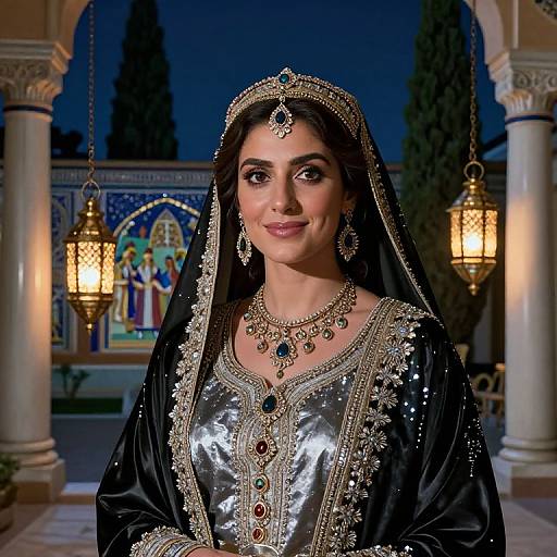 Photograph of a smiling South Asian woman in a silver and black traditional outfit with intricate gold embroidery, wearing a headpiece and jewelry, standing in a