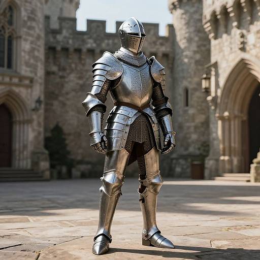 Photorealistic CGI of a medieval knight in full silver armor standing in a sunlit, stone courtyard of a castle.