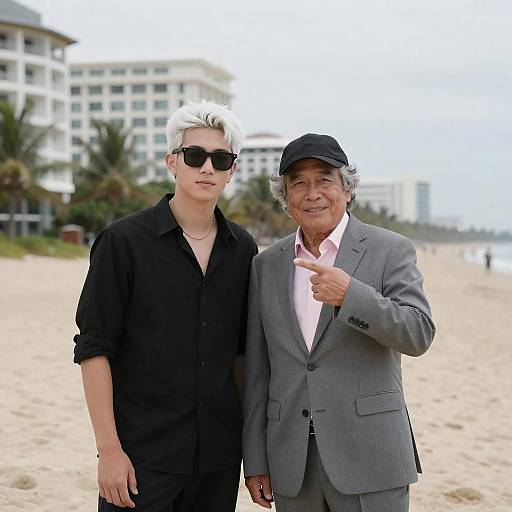 Two men on beach with resort background