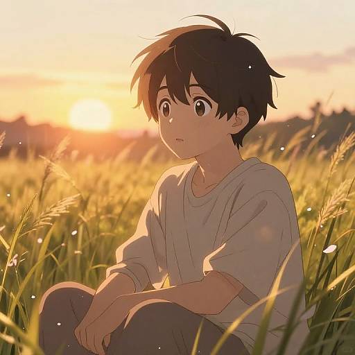 Gentle Anime Boy in Sunset Field