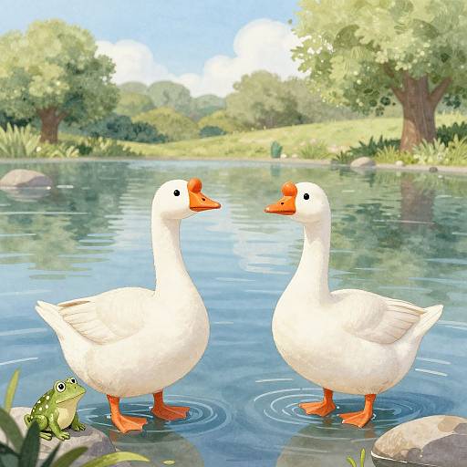 Digital illustration of two white geese with orange beaks and feet standing in a clear, reflective pond, facing each other, with a green frog on