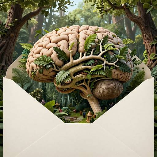 Digital fantasy artwork of a giant, brain-like tree with intricate branches, ferns, and mushrooms in a lush forest, surrounded by tiny houses.