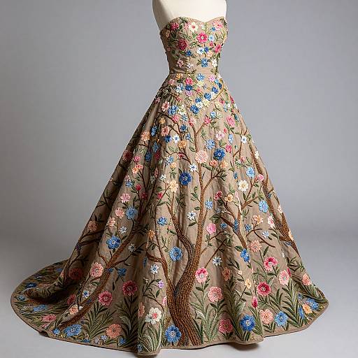 Photograph of a vintage-style, strapless, floral-patterned ball gown with a voluminous skirt, featuring colorful flowers, green leaves, and brown