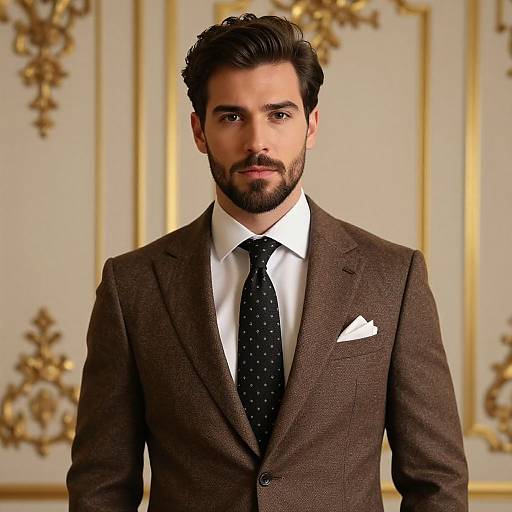 Photograph of a handsome, bearded man with dark hair, wearing a brown suit, white shirt, black polka dot tie, and white pocket