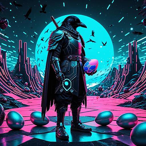 Cyber Samurai Crow Holding Luminescent Egg