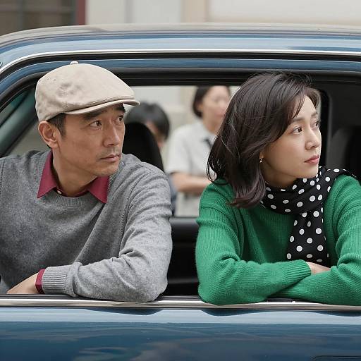 Man and Woman Leaning Out Car Window