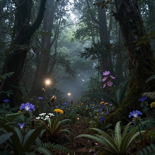 Magical Misty Forest with Glowing Lights and Wildflowers