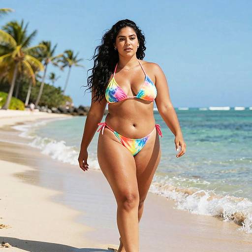 Photograph of a curvy, tan-skinned woman with long black hair in a colorful bikini walking on a sunny, palm-tree-lined beach with turquoise