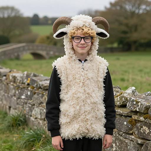 Boy in Sheep Costume by Stone Wall