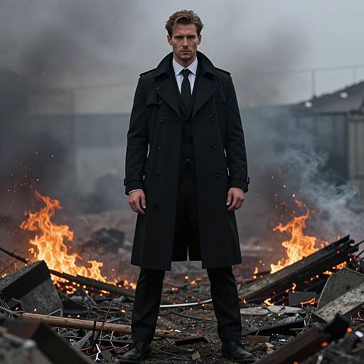 Photograph of a stern-looking man in a black trench coat and tie, standing amid burning debris and smoke, with a smoky, industrial background.