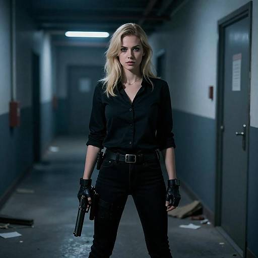 Blonde Agent in Blue Industrial Hallway